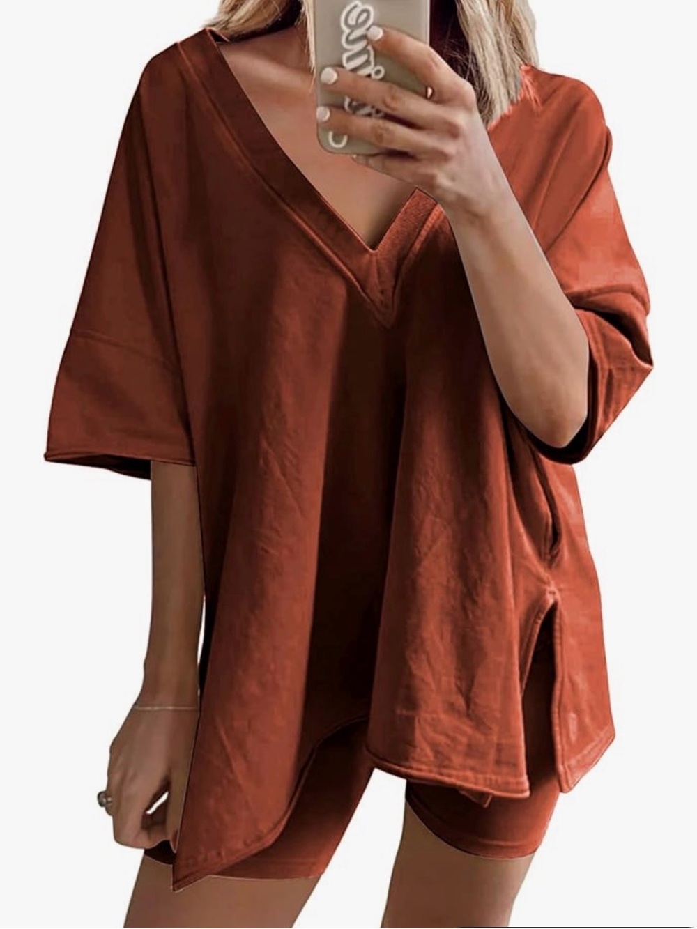 Women's Oversized V-Neck Tunic Top in Rust